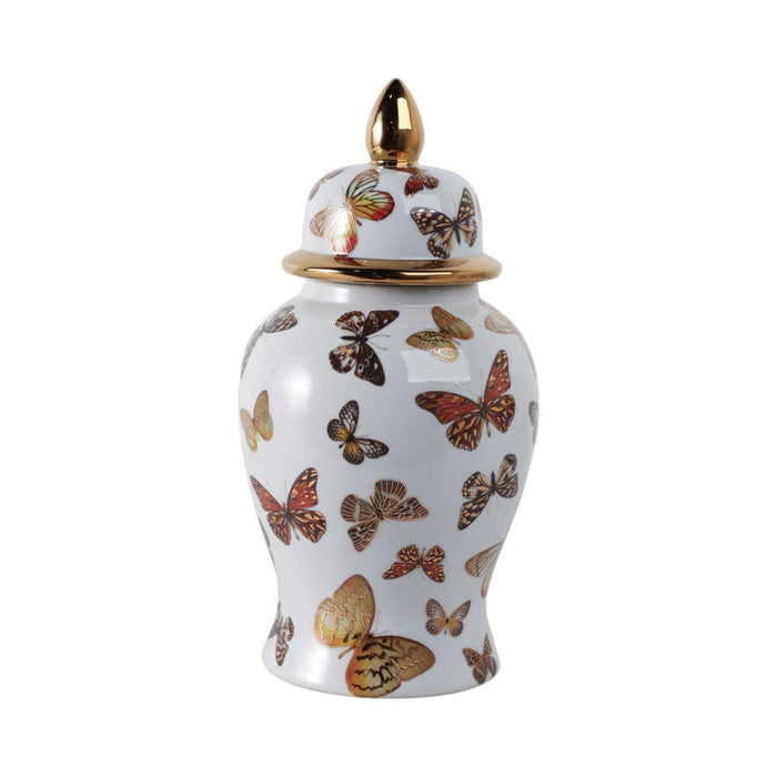 White and Gold Butterfly Lidded Jar, Medium