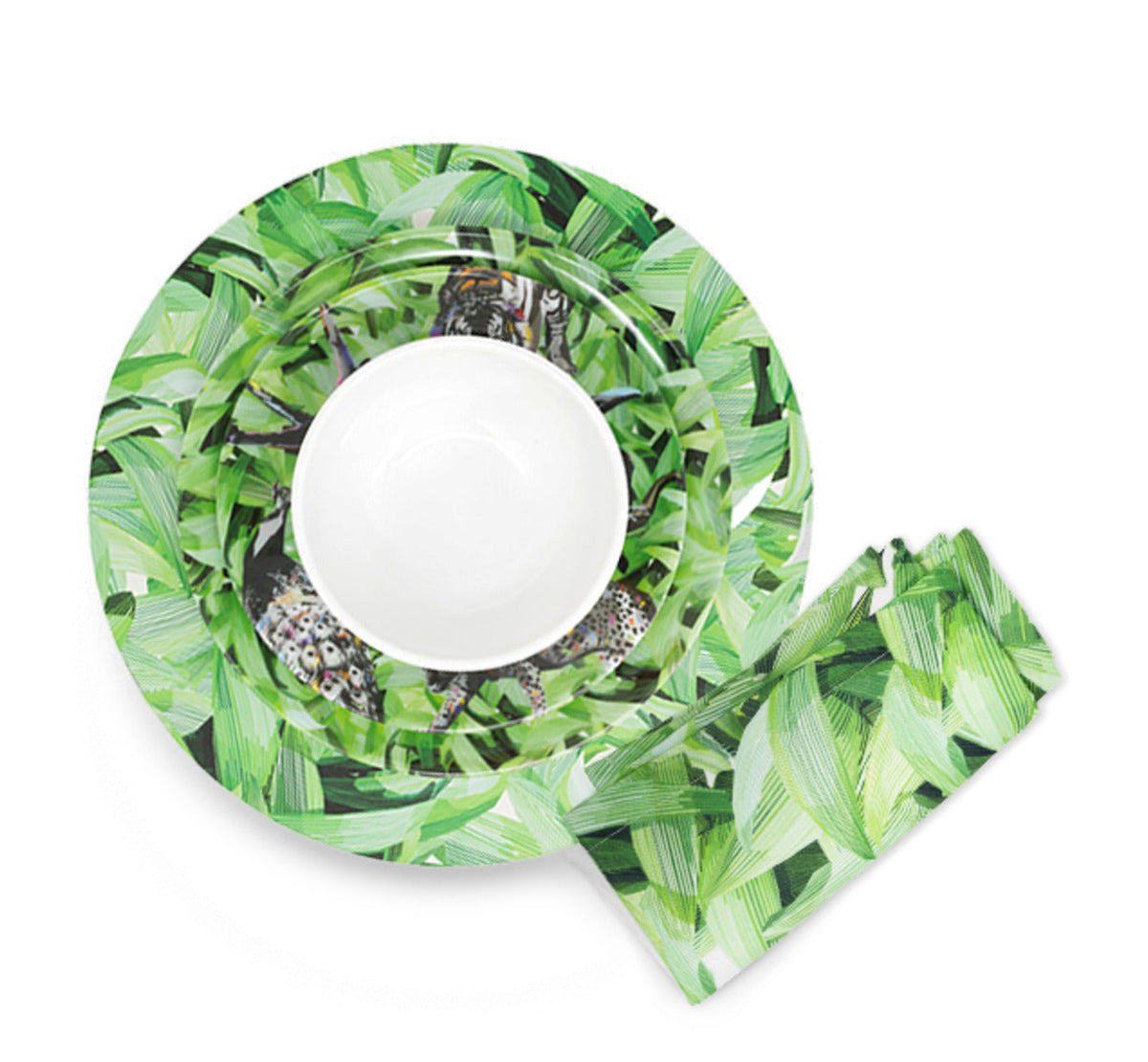 Pura Vida Jungle Hostess Set, 20 piece melamine dinnerware place setting with plate, bowl and faux linen napkin