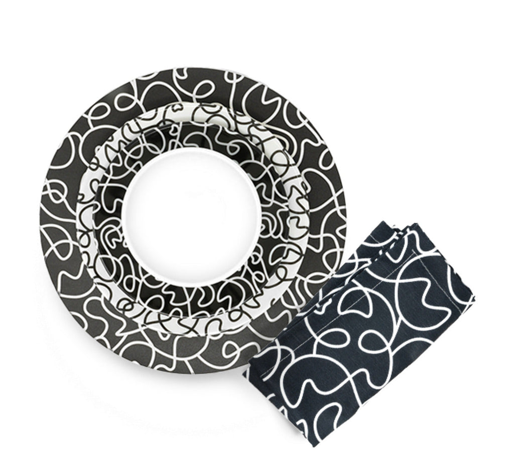 Black and White Squiggly Hostess Set, 20 piece melamine dinnerware place setting with plate, bowl and faux linen napkin