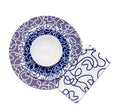 Navy Squiggly Hostess Set, 20 piece melamine dinnerware place setting with plate, bowl and faux linen napkin