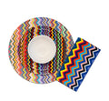 Multicolored Zigzag Hostess Set, 20 piece melamine dinnerware place setting with plate, bowl and faux linen napkin