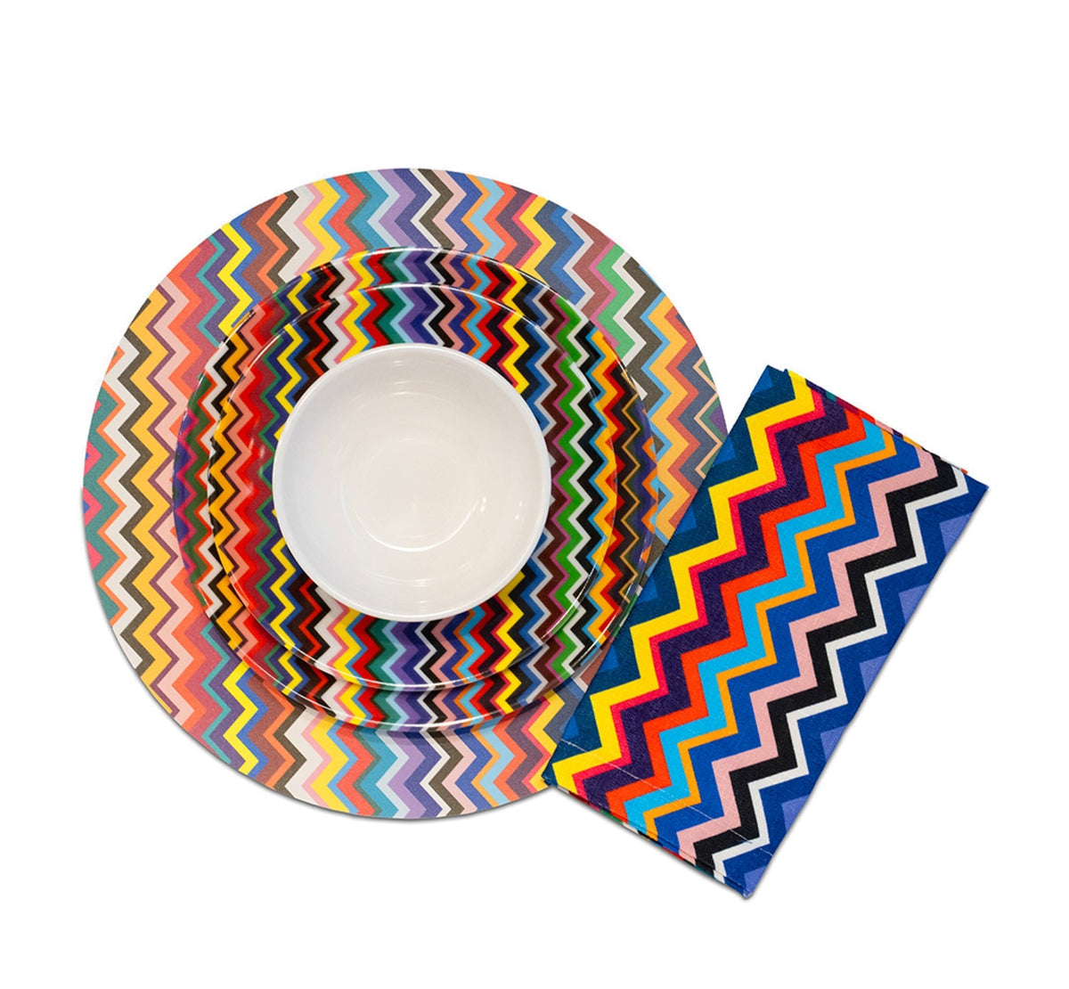 Multicolored Zigzag Hostess Set, 20 piece melamine dinnerware place setting with plate, bowl and faux linen napkin