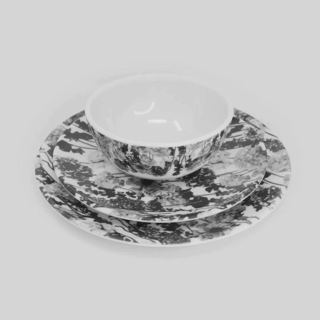 Grayscale Floral Garden Melamine Hostess Set, 20-Piece (Service for 4)