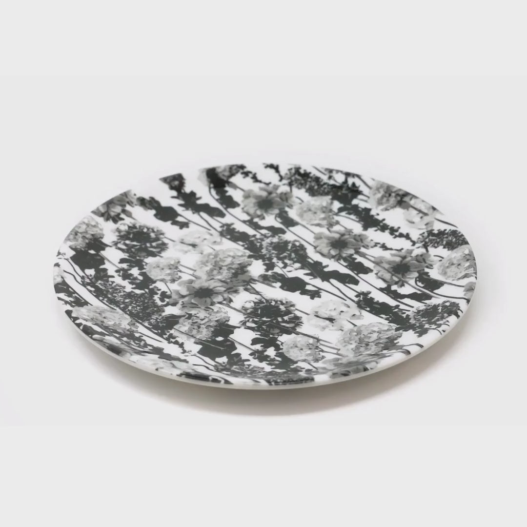 Grayscale Floral Garden Melamine Dinner Plates, Set of 4