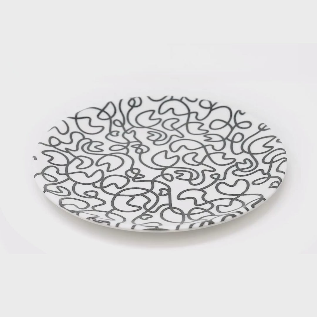 Black & White Squiggly Melamine Dinner Plates, Set of 4