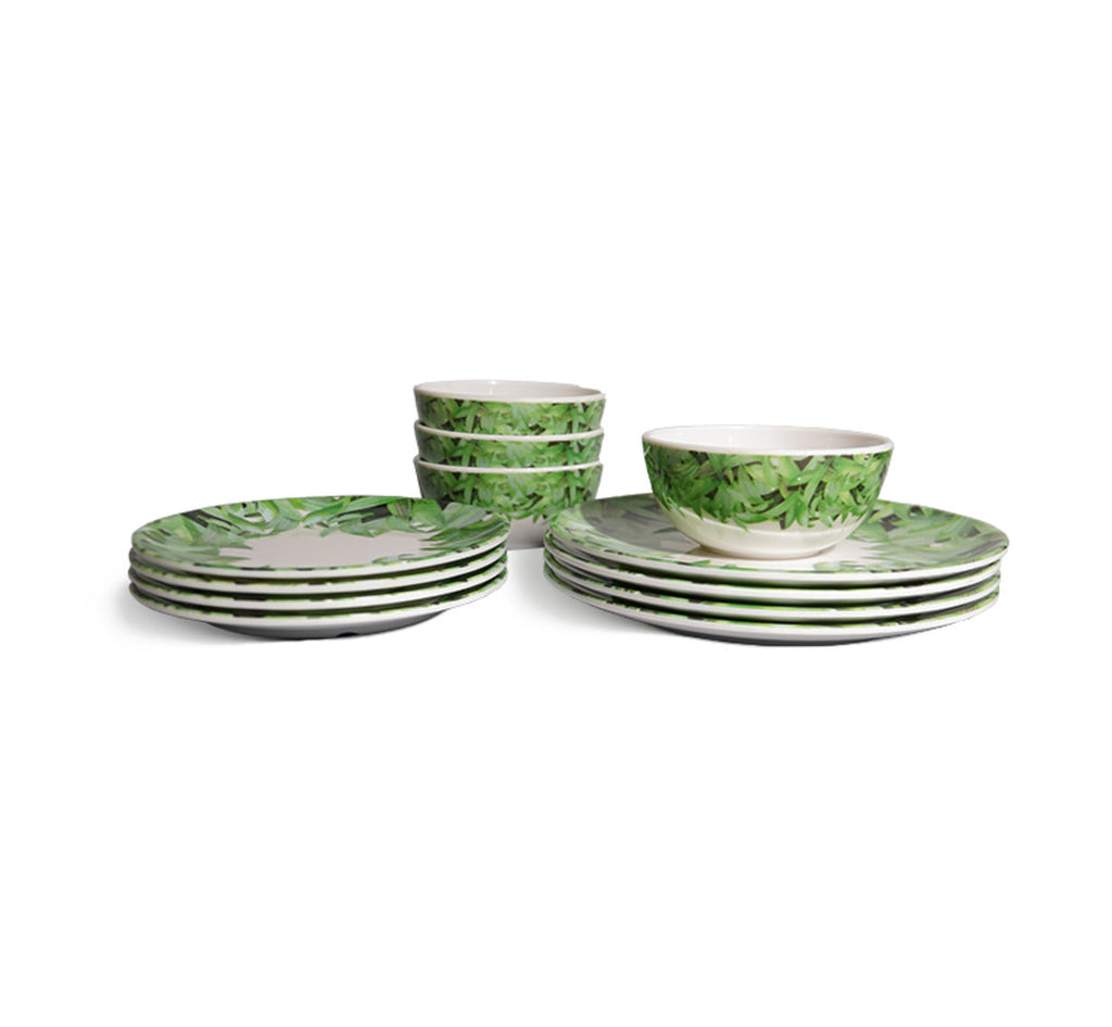 Pura Vida Starter Set, 12 piece melamine dinnerware setting with four dinner plates, four salad plates and four bowls