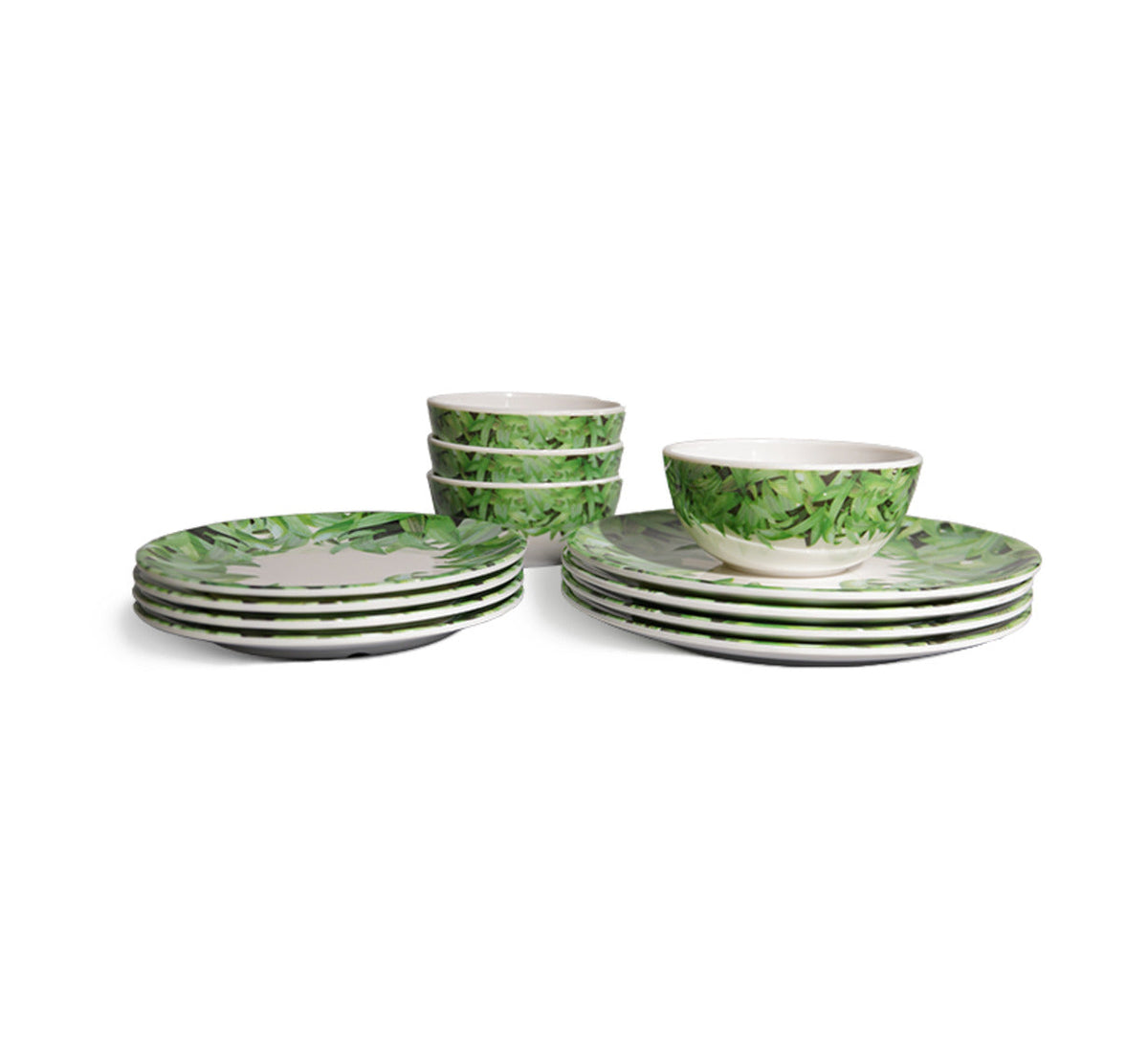 Pura Vida Starter Set, 12 piece melamine dinnerware setting with four dinner plates, four salad plates and four bowls