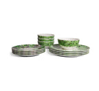 Pura Vida Jungle Starter Set, 12 piece melamine dinnerware setting with four dinner plates, four salad plates and four bowls