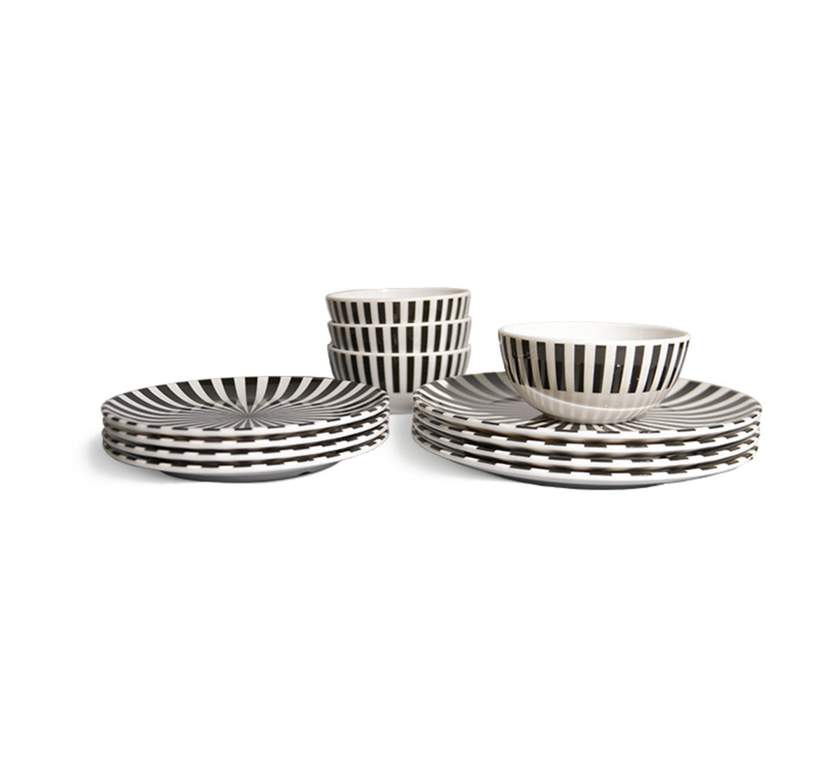 Black and White Starburst Starter Set, 12 piece melamine dinnerware setting with four dinner plates, four salad plates and four bowls
