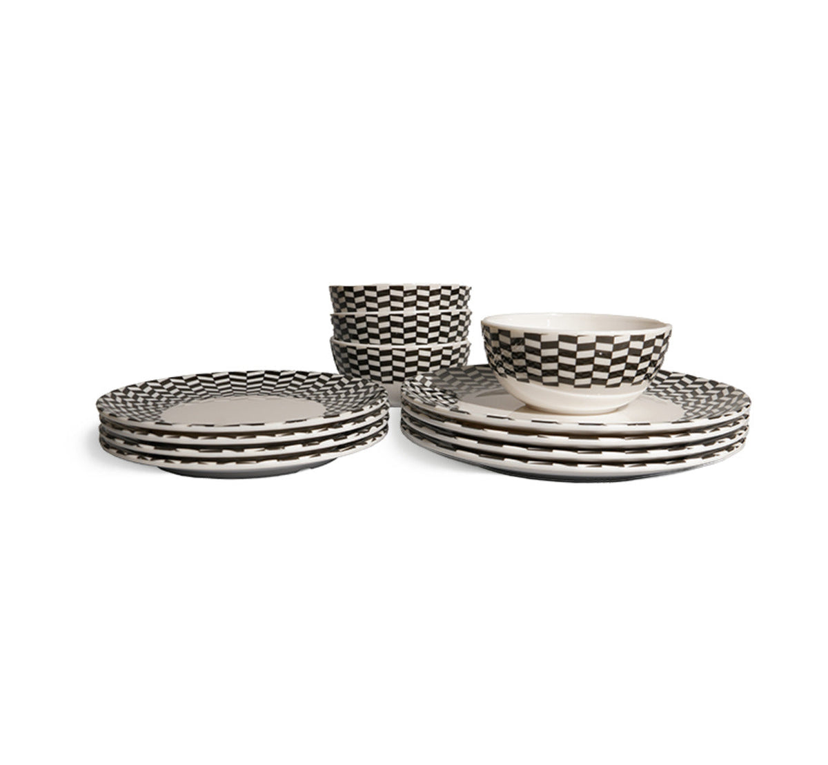 Black and White Chevron Starter Set, 12 piece melamine dinnerware setting with four dinner plates, four salad plates and four bowls
