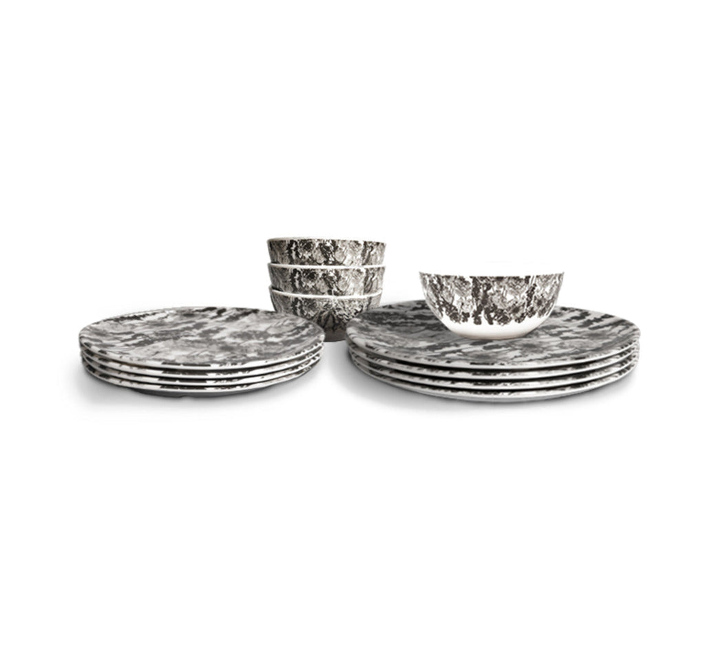 Grayscale Floral Garden Starter Set, 12 piece melamine dinnerware setting with four dinner plates, four salad plates and four bowls