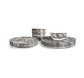 Grayscale Floral Garden Starter Set, 12 piece melamine dinnerware setting with four dinner plates, four salad plates and four bowls