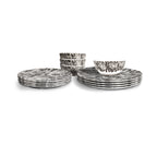 Grayscale Floral Garden Starter Set, 12 piece melamine dinnerware setting with four dinner plates, four salad plates and four bowls