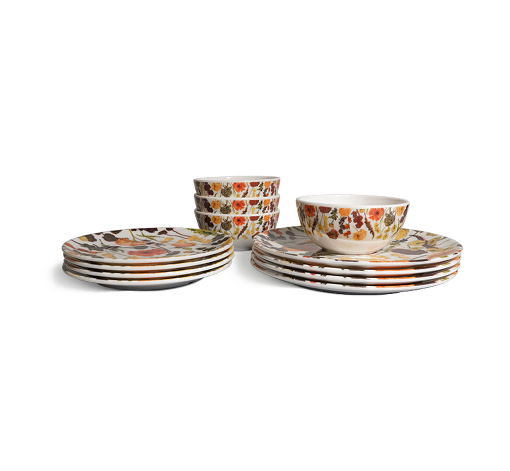 Auburn Bouquet Starter Set, 12 piece melamine dinnerware setting with four dinner plates, four salad plates and four bowls