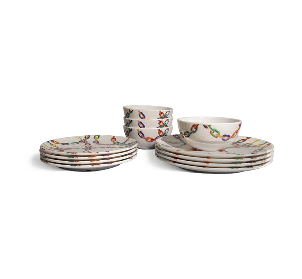 Large Chain Link Starter Set, 12 piece melamine dinnerware setting with four dinner plates, four salad plates and four bowls