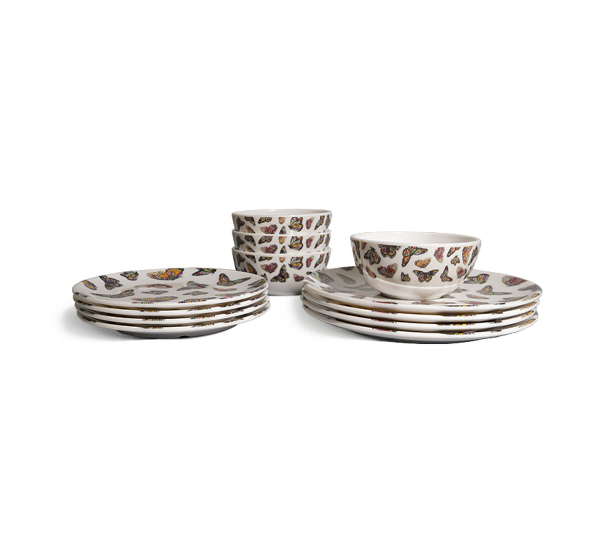 Butterflies Starter Set, 12 piece melamine dinnerware setting with four dinner plates, four salad plates and four bowls