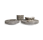 Grayscale Roses Starter Set, 12 piece melamine dinnerware setting with four dinner plates, four salad plates and four bowls