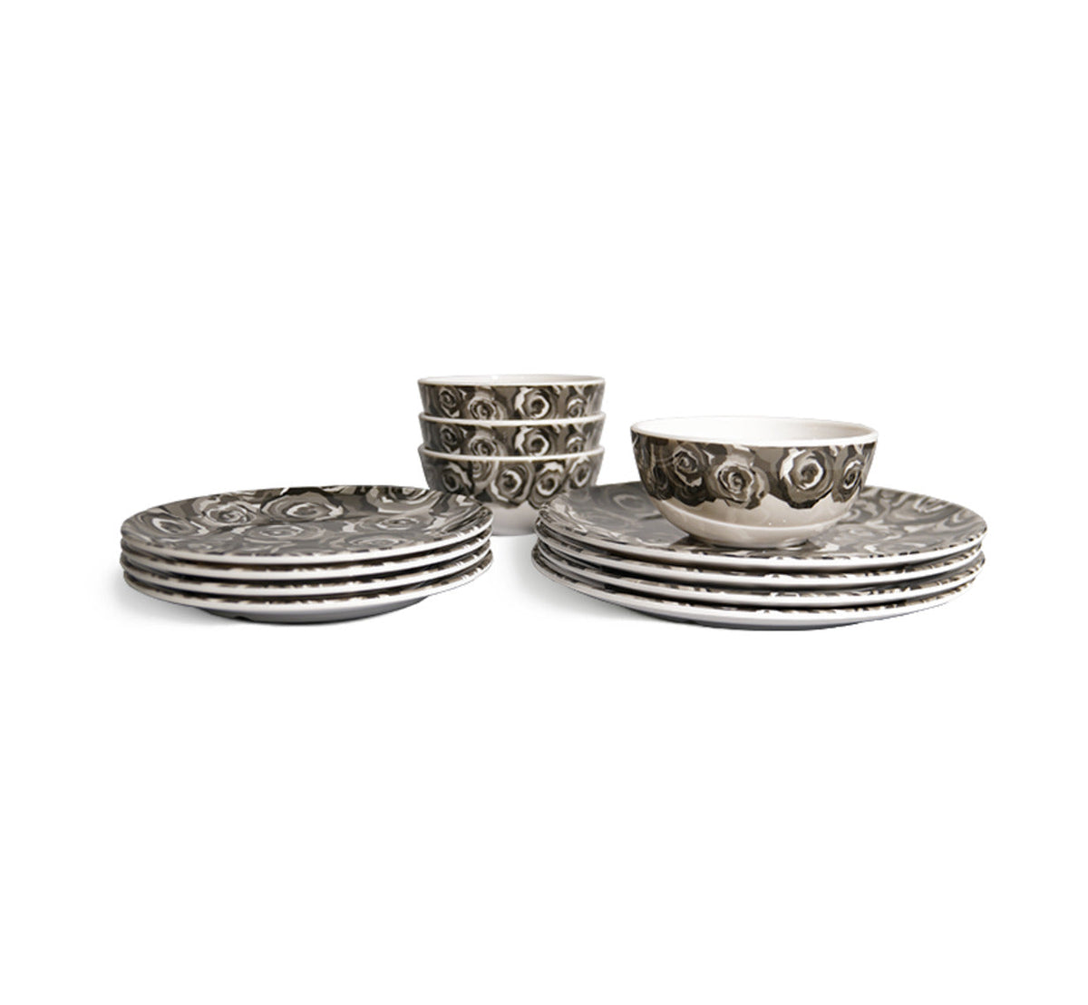 Grayscale Roses Starter Set, 12 piece melamine dinnerware setting with four dinner plates, four salad plates and four bowls