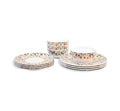 Multicolored Butterflies Starter Set, 12 piece melamine dinnerware setting with four dinner plates, four salad plates and four bowls