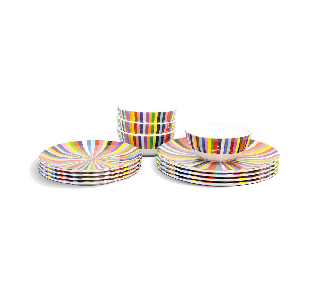 Multicolored Starburst Starter Set, 12 piece melamine dinnerware setting with four dinner plates, four salad plates and four bowls