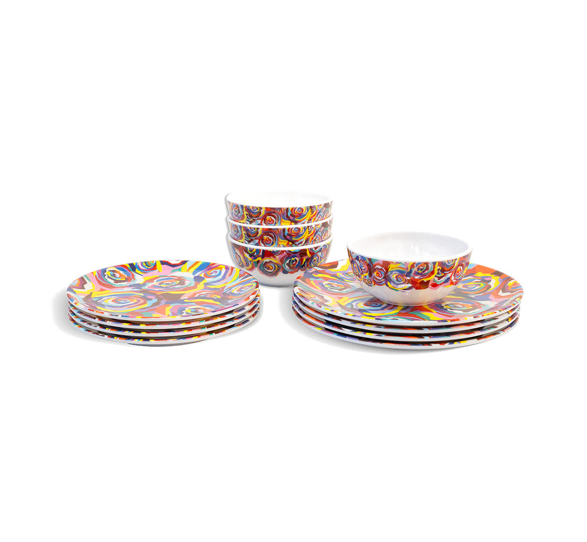 Multicolored Roses Starter Set, 12 piece melamine dinnerware setting with four dinner plates, four salad plates and four bowls