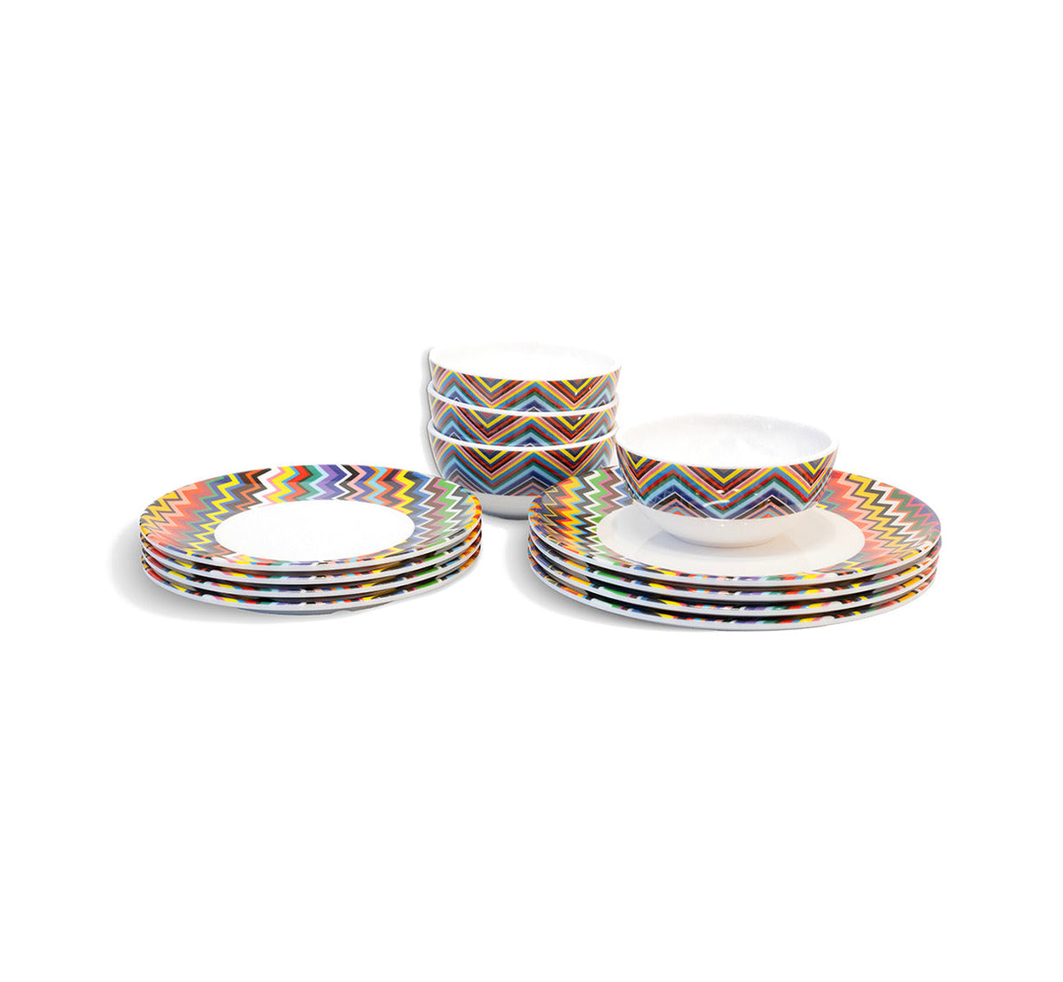 Multicolored Zigzag Starter Set, 12 piece melamine dinnerware setting with four dinner plates, four salad plates and four bowls