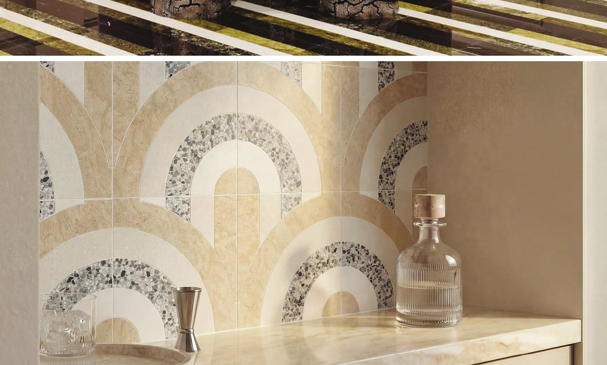 Arc terrazzo tile backsplash behind a bar counter