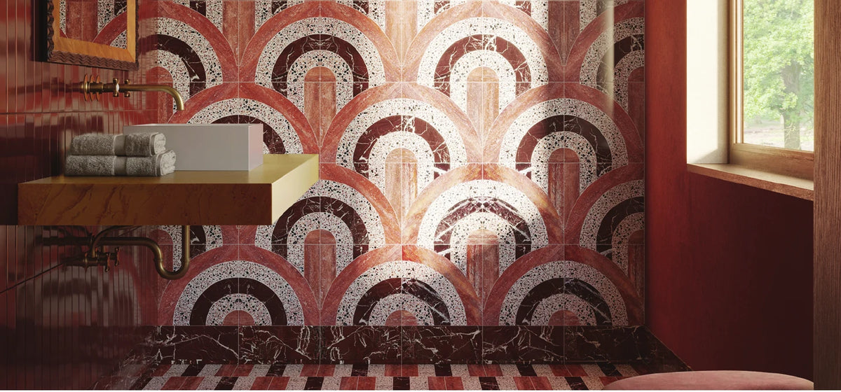 Bathroom with red and white arc terrazzo tile