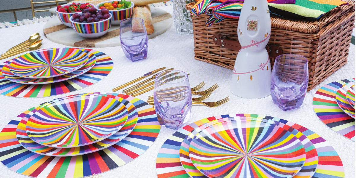 Table set with multicolor starburst melamine dinnerware