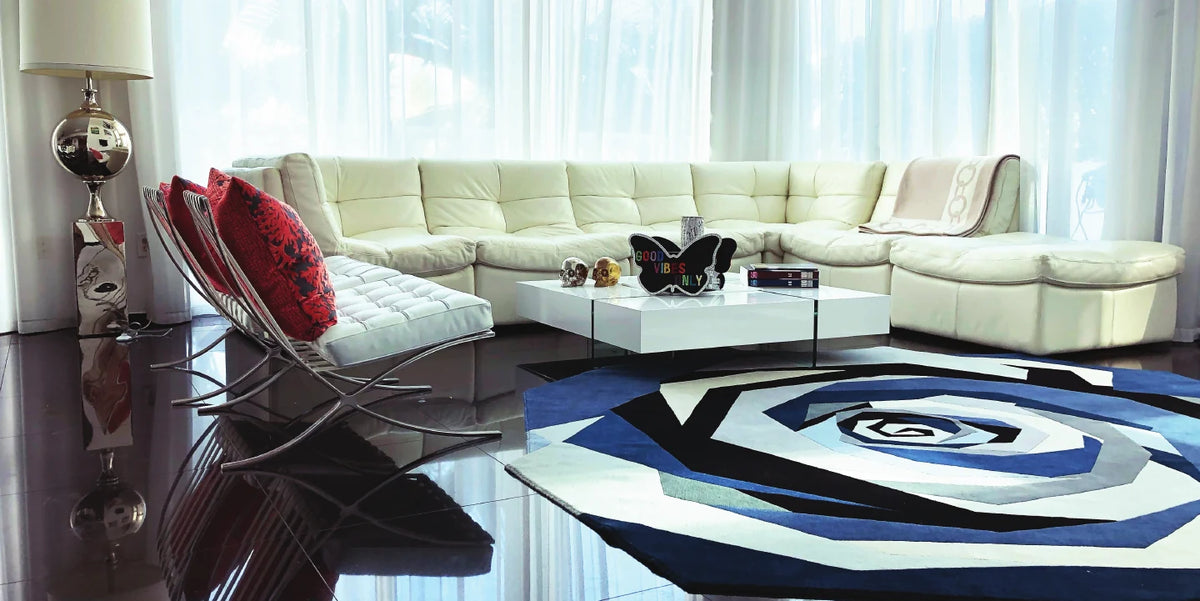 Living room with a dark patterned rug