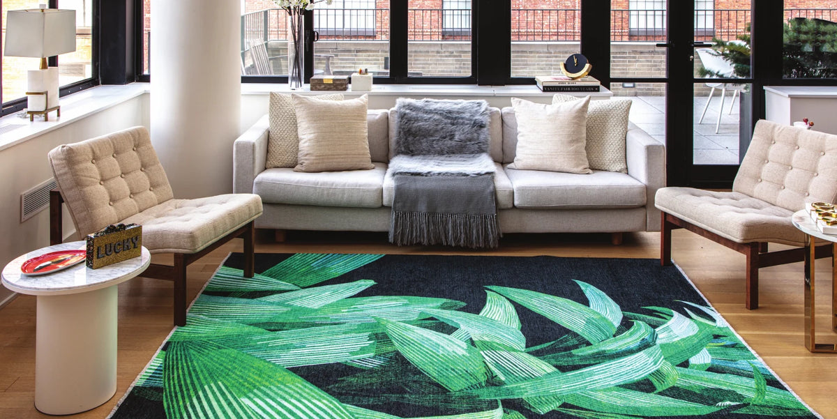 Living room with a green palm print rug
