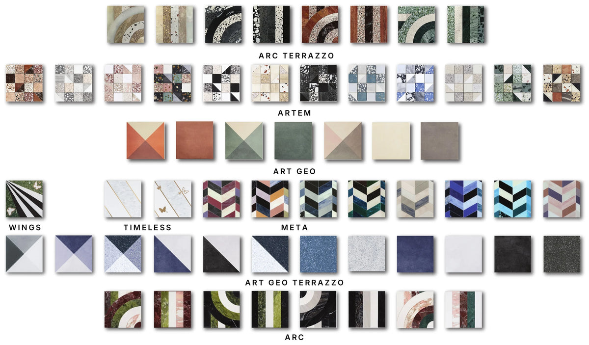 Tile collections: Arc Terrazzo, Artem, Art Geo, Wings, Timeless, Meta, Art Geo Terrazzo, Arc