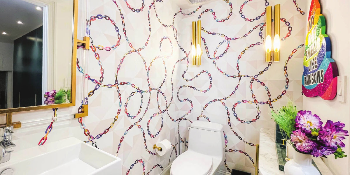 Powder room with chain link wallpaper