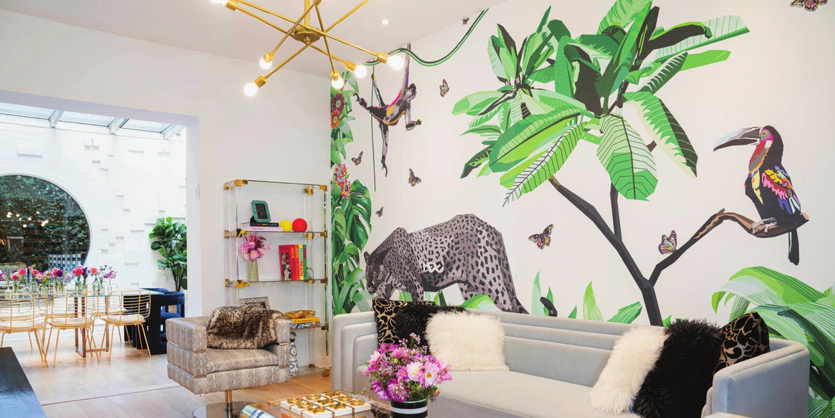 Room with tropical bird and foliage wallpaper
