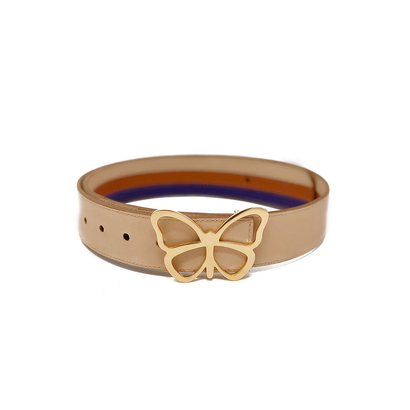 Leather Belt Plum, Cognac & Beige Triple Stripe Reversible